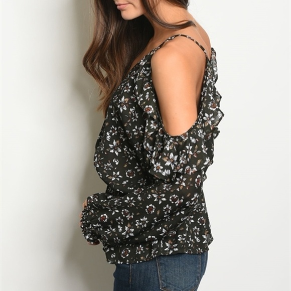 Dark Olive and White Floral Top - Picture 2 of 2